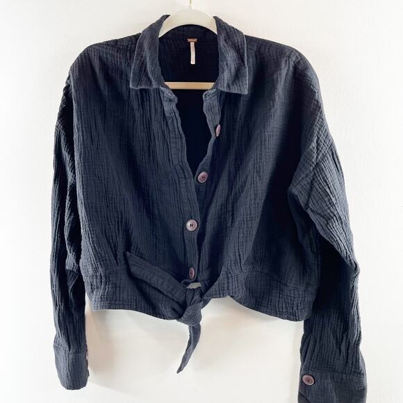 Free People Sun Streaks Long Sleeve Gauzy Cotton Button Up Shirt Black Medium - Picture 2 of 7